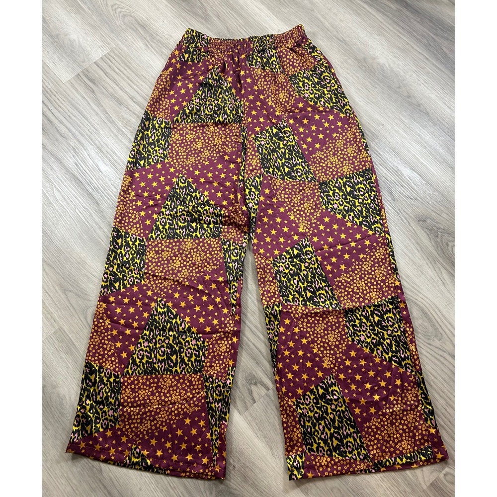 Garconne Womens Patchwork Wide‎ Leg Pants Burgundy Leopard Star Print Size S/M